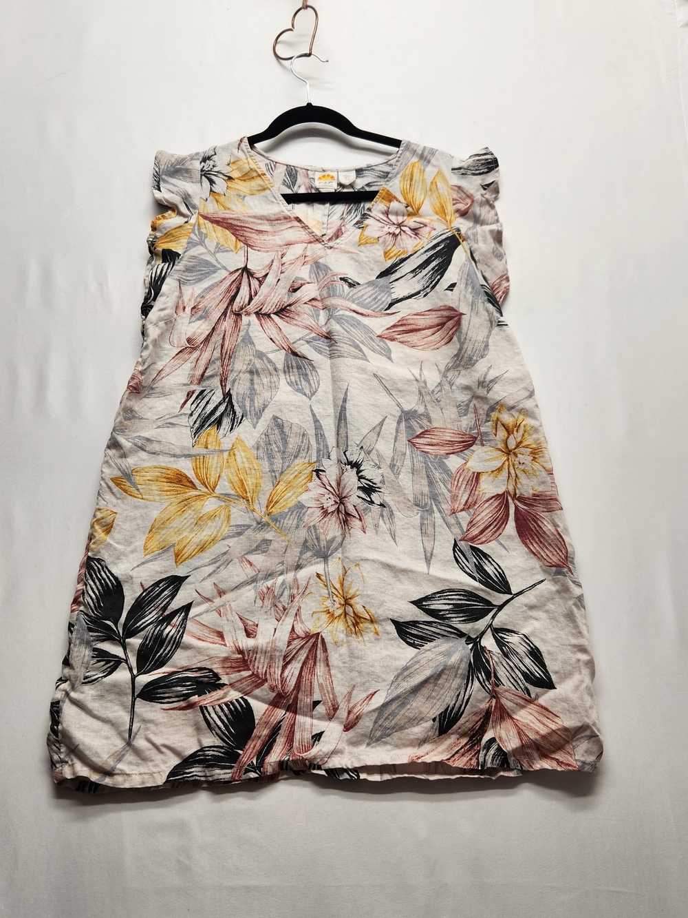 ⭐️C&C California 100% Linen Tropical Floral Shift Dress Ruffle Sleeve Summer XL